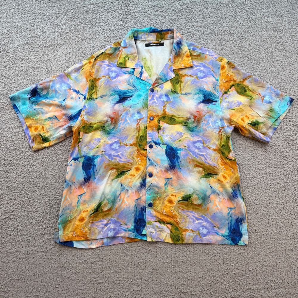 Fashion Nova Men Abstract Marble Print Rayon Short Sleeve Shirt Blue Orange M